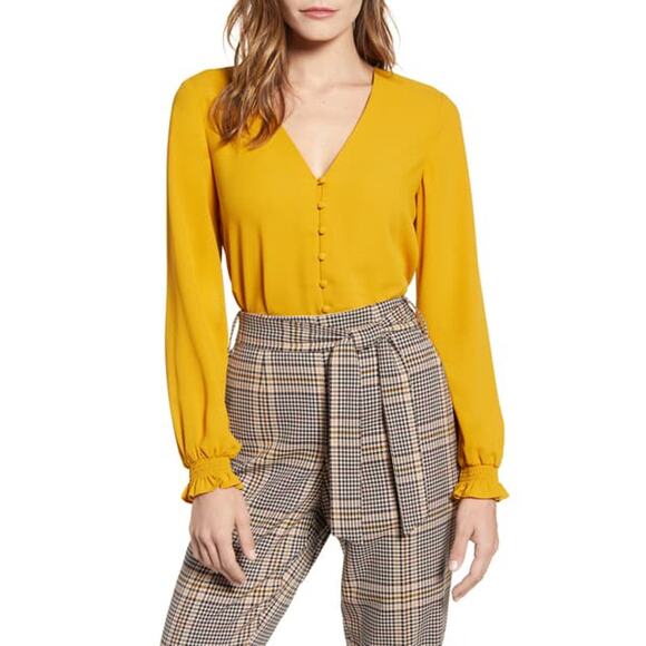 1. State Button Front Blouse Top in Honey Pot Yellow XSmall XS VNeck Ruffle Cuff - Picture 9 of 9